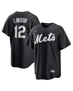 Men's New York Mets #12 Francisco Lindor Black Lights Out Replica Player Jersey