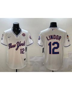 Men's New York Mets #12 Francisco Lindor White 2025 Spring Training Stitched Baseball Jersey