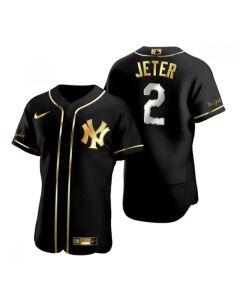 Men's New York Yankees #2 Derek Jeter Black/Gold Flex Base Stitched Baseball Jersey