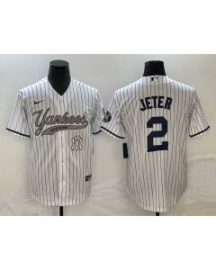 Men's New York Yankees #2 Derek Jeter White With Patch Cool Base Stitched Baseball Jersey