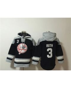 Men's New York Yankees #3 Babe Ruth Black/Grey Ageless Must-Have Lace-Up Pullover Hoodie