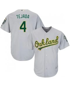 Men's Oakland Athletics #4 Miguel Tejada Grey Cool Base Stitched MLB Jersey
