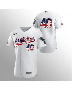 Men's Oakland Athletics #40 Chris Bassitt White 2020 Stars & Stripes Flex Base Stitched Jersey