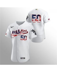 Men's Oakland Athletics #50 Mike Fiers White 2020 Stars & Stripes Flex Base Stitched Jersey