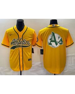 Men's Oakland Athletics Yellow Team Big Logo Cool Base Stitched Baseball Jersey 001