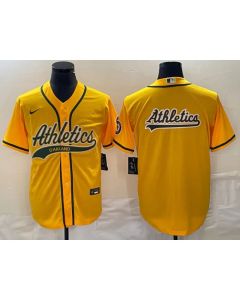 Men's Oakland Athletics Yellow Team Big Logo Cool Base Stitched Baseball Jersey 002
