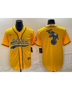 Men's Oakland Athletics Yellow Team Big Logo Cool Base Stitched Baseball Jersey 003