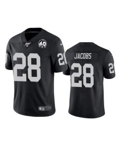 Men's Oakland Raiders #28 Josh Jacobs Black 100th Season with 60 Patch Vapor Limited Stitched NFL Jersey