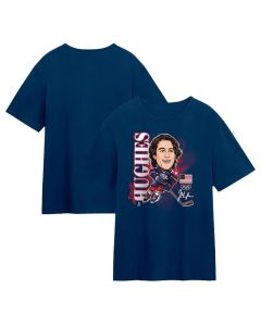 Men's Olympic Hockey Jack Hughes Navy Gold Medal Caricature T-Shirt