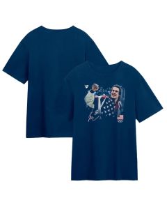 Men's Olympic Hockey Jack Hughes Navy US Gold Medal Flag T-Shirt