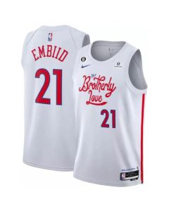 Men's Philadelphia 76ers #21 Joel Embiid White 2022/23 City Edition With NO.6 Patch Stitched Basketball Jersey