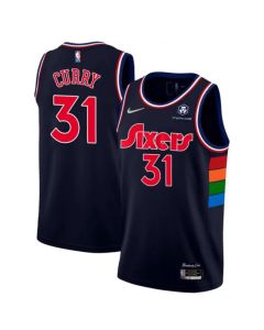 Men's Philadelphia 76ers #31 Seth Curry 2021/22 City Edition Navy 75th Anniversary Stitched Swingman Jersey