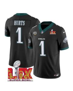 Men's Philadelphia Eagles #1 Jalen Hurts Black 2025 Super Bowl LIX Patch And 3-Star C Patch New F.U.S.E. Vapor Untouchable Limited Stitched Football Jersey (Black)
