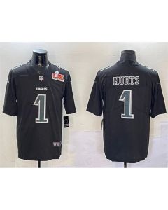 Men's Philadelphia Eagles #1 Jalen Hurts Black 2025 Super Bowl LIX Patch Fashion Vapor Untouchable Limited Stitched Football Jersey