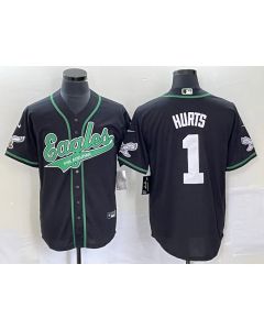 Men's Philadelphia Eagles #1 Jalen Hurts Black Cool Base Stitched Baseball Jersey