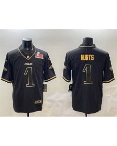 Men's Philadelphia Eagles #1 Jalen Hurts Black/Gold 2025 Super Bowl LIX Patch Salute To Service Vapor Untouchable Limited Stitched Football Jersey
