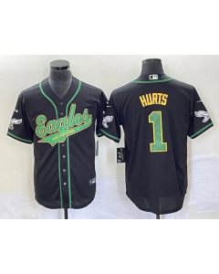 Men's Philadelphia Eagles #1 Jalen Hurts Black Gold Cool Base Stitched Baseball Jersey