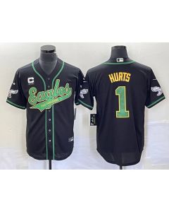 Men's Philadelphia Eagles #1 Jalen Hurts Black Gold With 3-star C Patch Cool Base Stitched Baseball Jersey