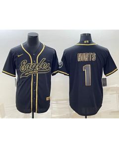 Men's Philadelphia Eagles #1 Jalen Hurts Black Gold With Patch Cool Base Stitched Baseball Jersey
