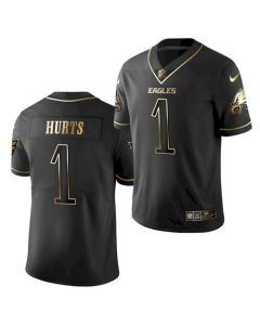Men's Philadelphia Eagles #1 Jalen Hurts Black Golden Edition Stitched Jersey
