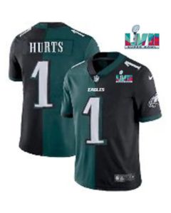 Men's Philadelphia Eagles #1 Jalen Hurts Black & Green Split Super Bowl LVII Patch Limited Stitched Jersey