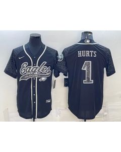 Men's Philadelphia Eagles #1 Jalen Hurts Black Reflective With Patch Cool Base Stitched Baseball Jersey