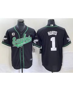Men's Philadelphia Eagles #1 Jalen Hurts Black With 3-star C Patch Cool Base Stitched Baseball Jersey