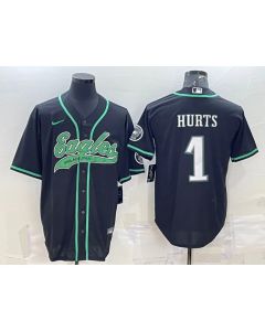 Men's Philadelphia Eagles #1 Jalen Hurts Black With Patch Cool Base Stitched Baseball Jersey