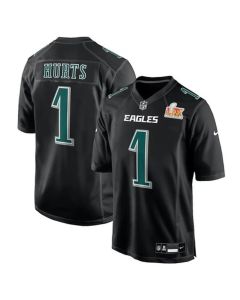 Men's Philadelphia Eagles #1 Jalen Hurts Carbon Black Super Bowl LIX Fashion Game Player Jersey (Black)