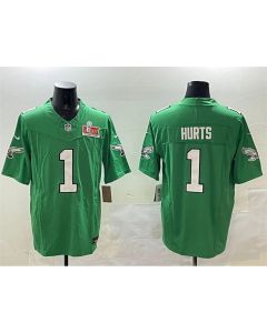 Men's Philadelphia Eagles #1 Jalen Hurts Green 2025 Super Bowl LIX Patch F.U.S.E. Throwback Vapor Untouchable Limited Stitched Football Jersey (Green)