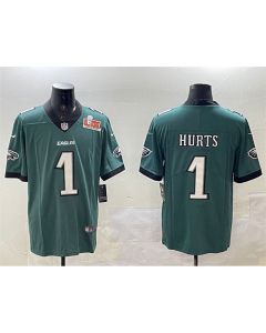 Men's Philadelphia Eagles #1 Jalen Hurts Green 2025 Super Bowl LIX Patch Vapor Untouchable Limited Stitched Football Jersey