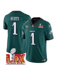 Men's Philadelphia Eagles #1 Jalen Hurts Green 2025 Super Bowl LIX Patch With 3-Star C Patch New F.U.S.E. Vapor Untouchable Limited Stitched Football Jersey (Green)