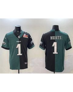 Men's Philadelphia Eagles #1 Jalen Hurts Green & Black Split 2025 Super Bowl LIX Patch Vapor Untouchable Limited Stitched Football Jersey