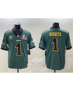 Men's Philadelphia Eagles #1 Jalen Hurts Green Golden 2025 Super Bowl LIX Patch And 2-star C Patch Vapor Untouchable Limited Stitched Football Jersey