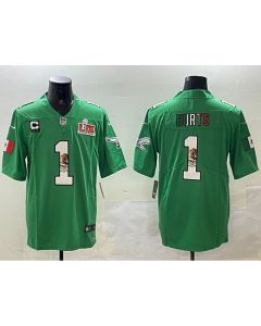 Men's Philadelphia Eagles #1 Jalen Hurts Green Mexico 2025 Super Bowl LIX Patch And 3-star C Patch Vapor Untouchable Limited Stitched Football Jersey