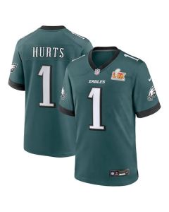 Men's Philadelphia Eagles #1 Jalen Hurts Midnight Green Super Bowl LIX Game Player Jersey