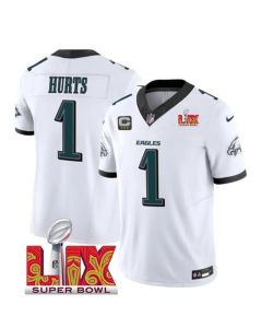 Men's Philadelphia Eagles #1 Jalen Hurts White 2025 Super Bowl LIX Patch And 3-Star C Patch New F.U.S.E. Vapor Untouchable Limited Stitched Football Jersey (White)