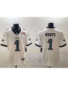 Men's Philadelphia Eagles #1 Jalen Hurts White 2025 Super Bowl LIX Patch Vapor Untouchable Limited Stitched Football Jersey (White)