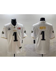 Men's Philadelphia Eagles #1 Jalen Hurts White/Gold 2025 Super Bowl LIX Patch And 3-star C Patch Salute To Service Vapor Untouchable Limited Stitched Football Jersey (White Gold)