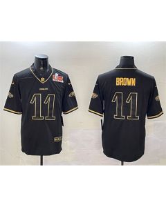 Men's Philadelphia Eagles #11 A. J. Brown Black/Gold 2025 Super Bowl LIX Patch Salute To Service Vapor Untouchable Limited Stitched Football Jersey (Black Brown)