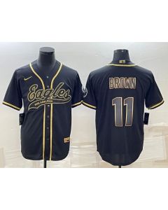 Men's Philadelphia Eagles #11 A. J. Brown Black Gold With Patch Cool Base Stitched Baseball Jersey