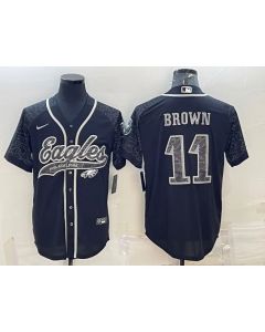 Men's Philadelphia Eagles #11 A. J. Brown Black Reflective With Patch Cool Base Stitched Baseball Jersey
