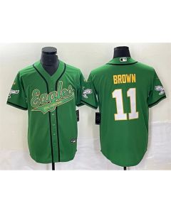 Men's Philadelphia Eagles #11 A. J. Brown Green Gold Cool Base Stitched Baseball Jersey