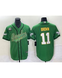 Men's Philadelphia Eagles #11 A. J. Brown Green Gold With 3-star C Patch Cool Base Stitched Baseball Jersey