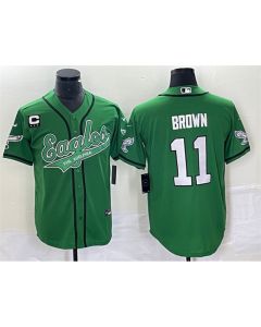 Men's Philadelphia Eagles #11 A. J. Brown Green With 3-star C Patch Cool Base Stitched Baseball Jersey
