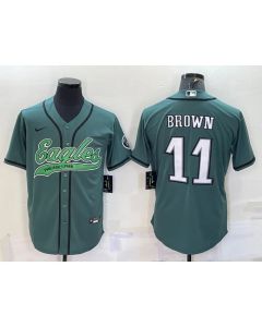 Men's Philadelphia Eagles #11 A. J. Brown Green With Patch Cool Base Stitched Baseball Jersey
