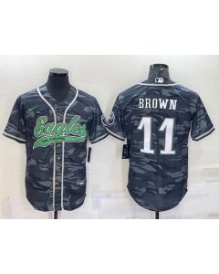 Men's Philadelphia Eagles #11 A. J. Brown Grey Camo With Patch Cool Base Stitched Baseball Jersey