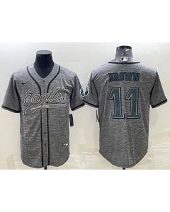 Men's Philadelphia Eagles #11 A. J. Brown Grey With Patch Cool Base Stitched Baseball Jersey (Brown Grey)
