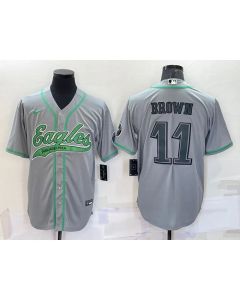 Men's Philadelphia Eagles #11 A. J. Brown Grey With Patch Cool Base Stitched Baseball Jersey (Style 2)