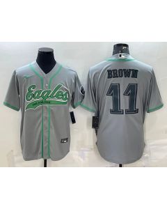 Men's Philadelphia Eagles #11 A. J. Brown Grey With Patch Cool Base Stitched Baseball Jersey